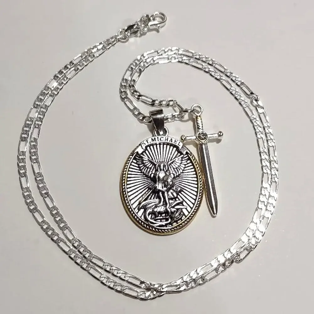925 Silver St. Michael Necklace Gemstone Sword Figaro Bible Verse Angel Sterling